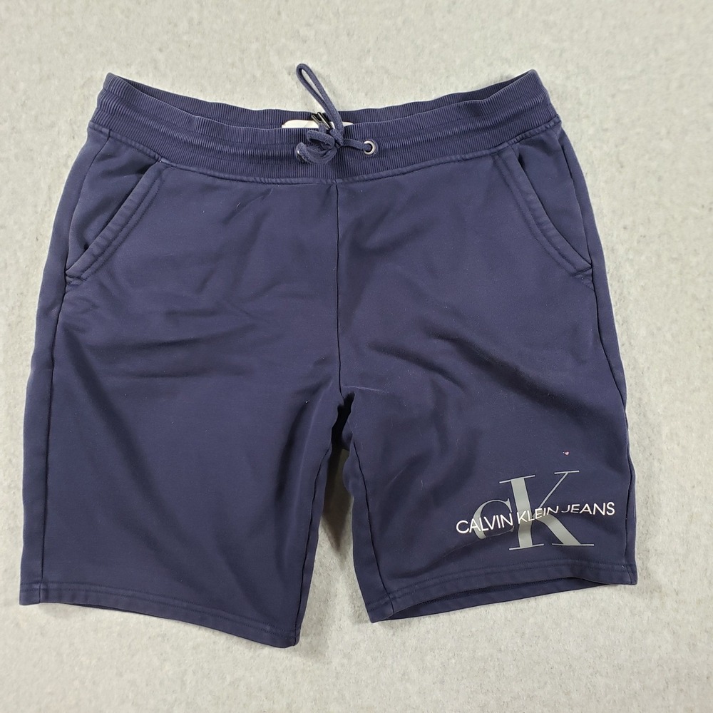 Calvin Klein Jeans Men's Large Navy Blue Logo Sweat Shorts Drawstring Pockets